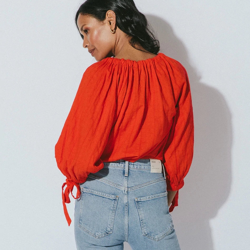 Cleobella Rylan Blouse Bright Cherry Color Drawstring Neckline Shell Button xs - Picture 3 of 11